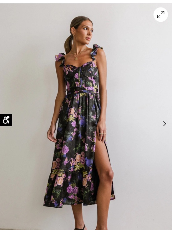 Lulus Dresses & Skirts - Lulu's Black Floral Ruffle-Striped Midi Dress with Purple and Pink Blooms